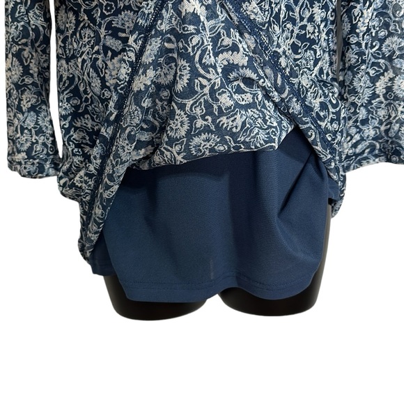 Chaps Denim Blue & White Paisley Ruffle Collar Lace-up neck 3/4 Sleeve Top Sz XL - Picture 6 of 9